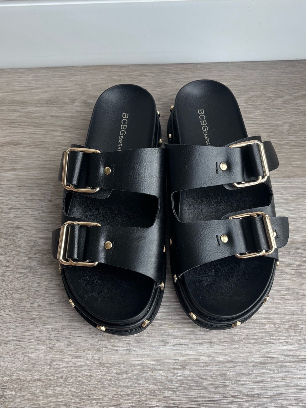 BCBGeneration Black Double Buckle Studded Slide Sandal - Picture 3 of 6